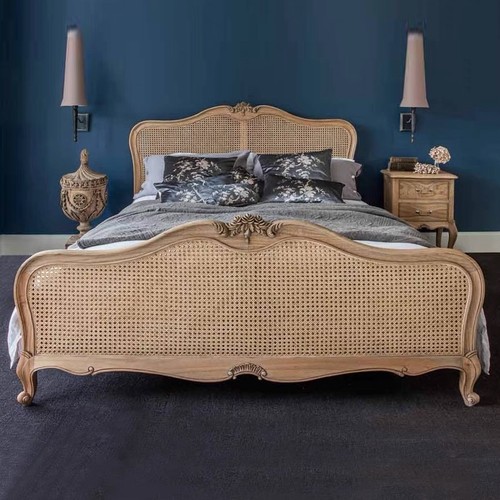 美式原木雕花藤编高背双人床实木卧室复古怀旧藤艺1.8m公主床定制