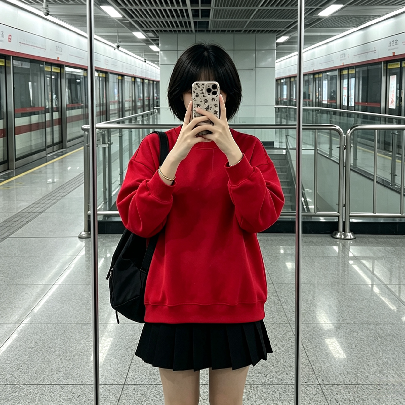 本命年大红色圆领加绒卫衣女