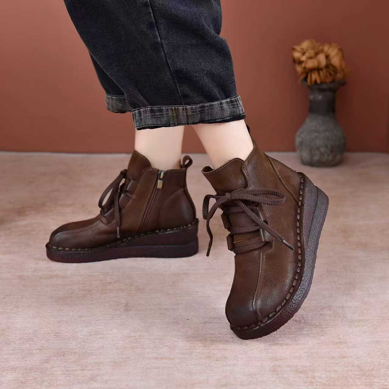 秋冬新款手工真皮厚底马丁靴短靴子女防水台坡跟复古保暖加厚棉鞋