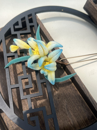 仿绒花发夹原创手工渐变色兰花发簪发夹汉服旗袍胸针现货包邮