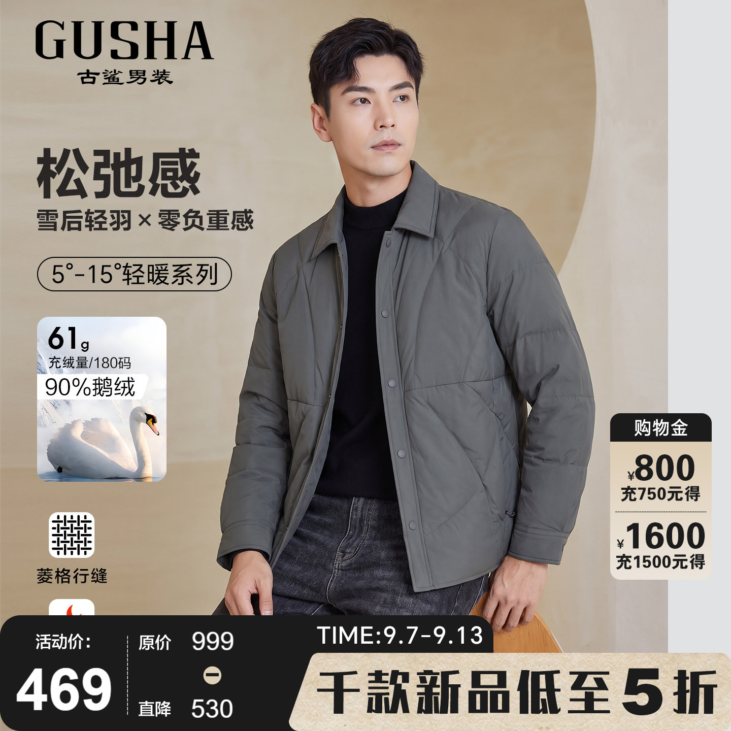 古鲨松柏绿翻领鹅绒羽绒服男图片