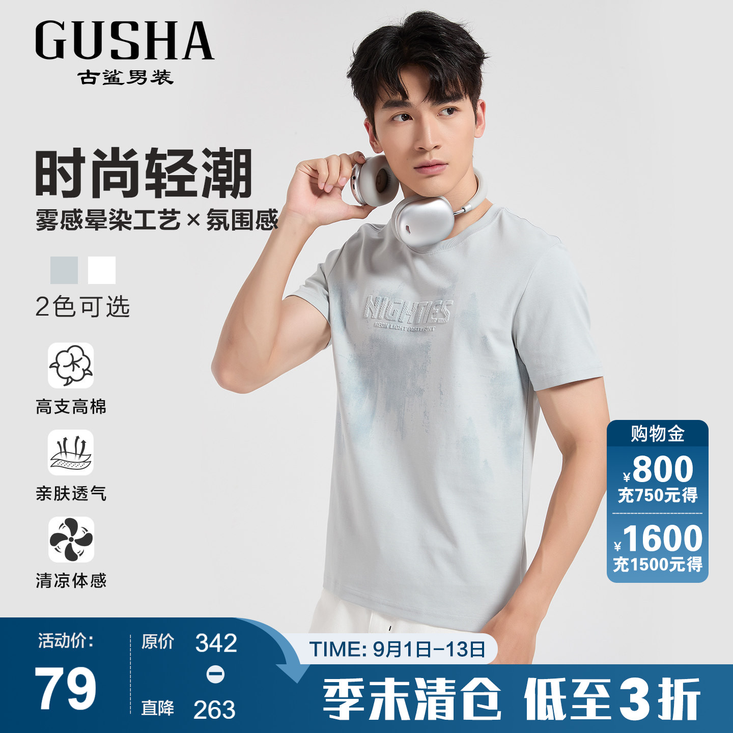古鲨灰蓝晕染短袖T恤男高端时尚图片