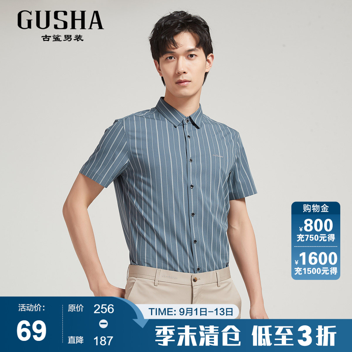 古鲨蓝色竖条纹短袖衬衫男图片