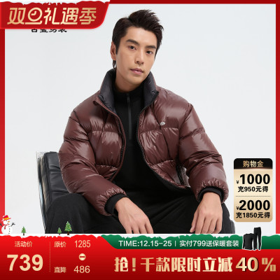 古鲨酒红鹅绒立领羽绒服男