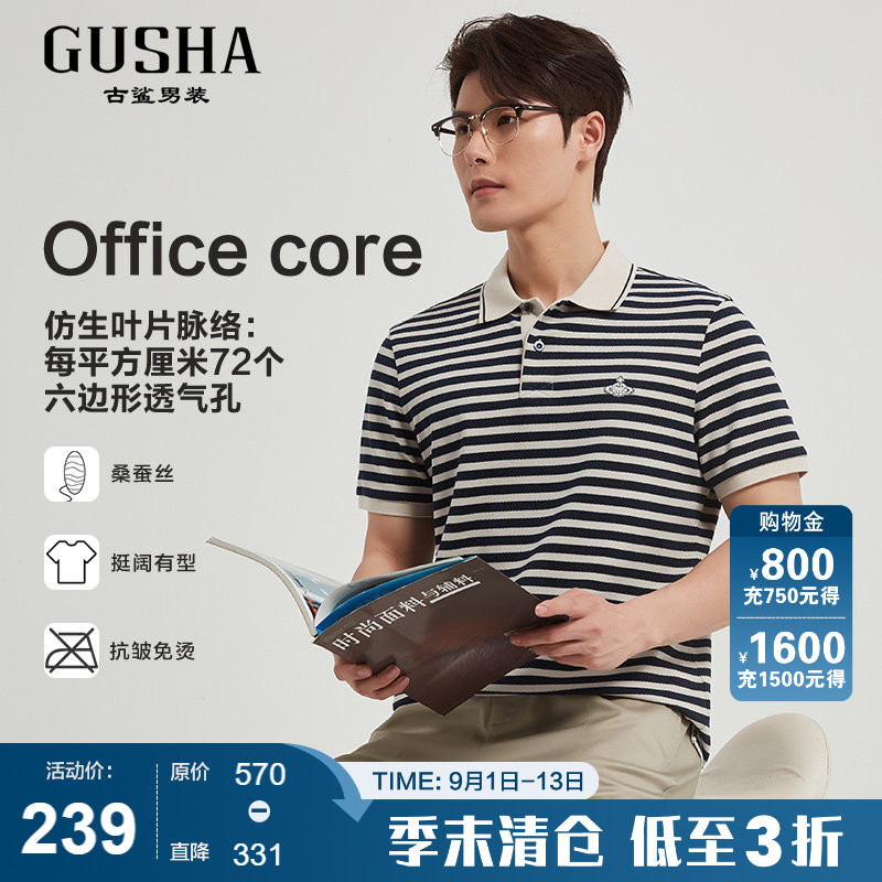 古鲨米蓝条纹桑蚕丝短袖POLO衫男图片