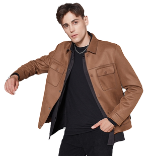 【美拉德】古鲨棕色仿麂皮夹克男士 商务时尚翻领外套冬装新款