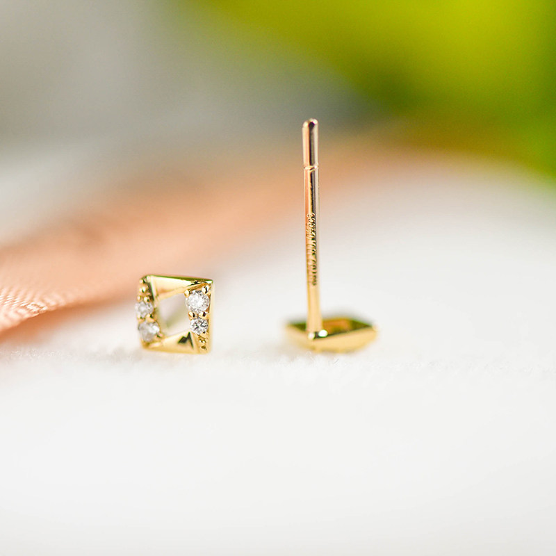 真钻 方形钻石耳钉18k 小砖石 女款简约镶钻耳环 碎钻耳饰品珠宝
