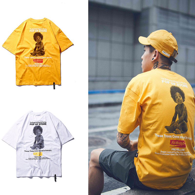 美式街头潮流休闲嘻哈男式t恤欧美黑人印花宽松港风潮牌原创短袖