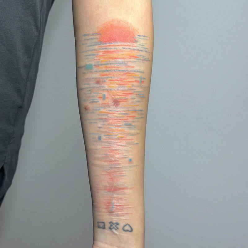 海边落日彩色防水持久纹身贴可遮盖疤痕适合情侣手臂手腕逼真贴纸