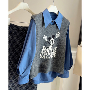 卡通米奇小狗圆领毛衣针织衫马甲叠穿长袖衬衫女2026秋冬两件套装