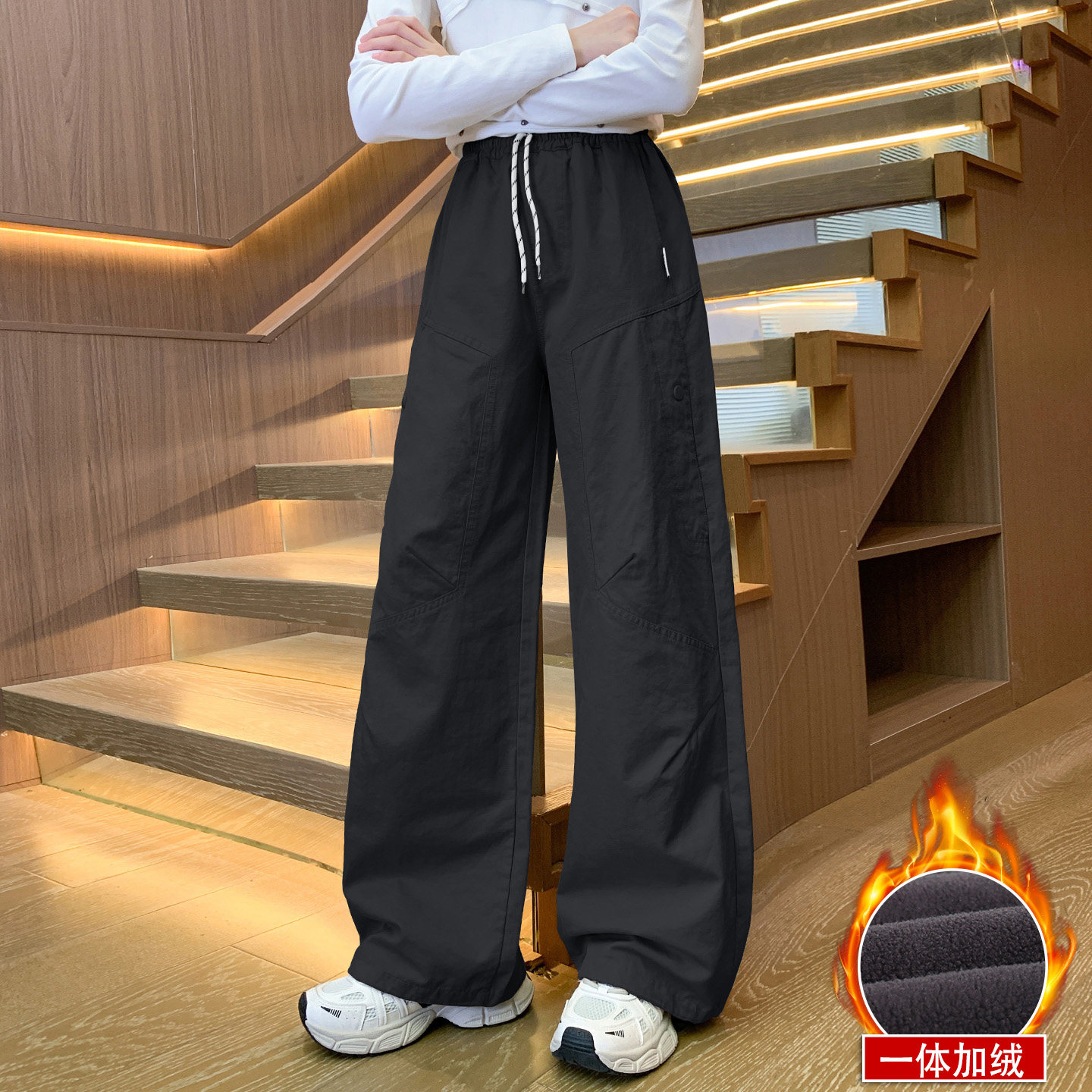 女童加绒2025新款秋冬装女孩洋气裤子秋冬中大童宽松一体绒运动裤