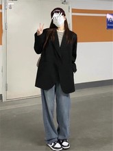 oversize黑色西装外套女2024春秋季新款韩版休闲小个子宽松小西服