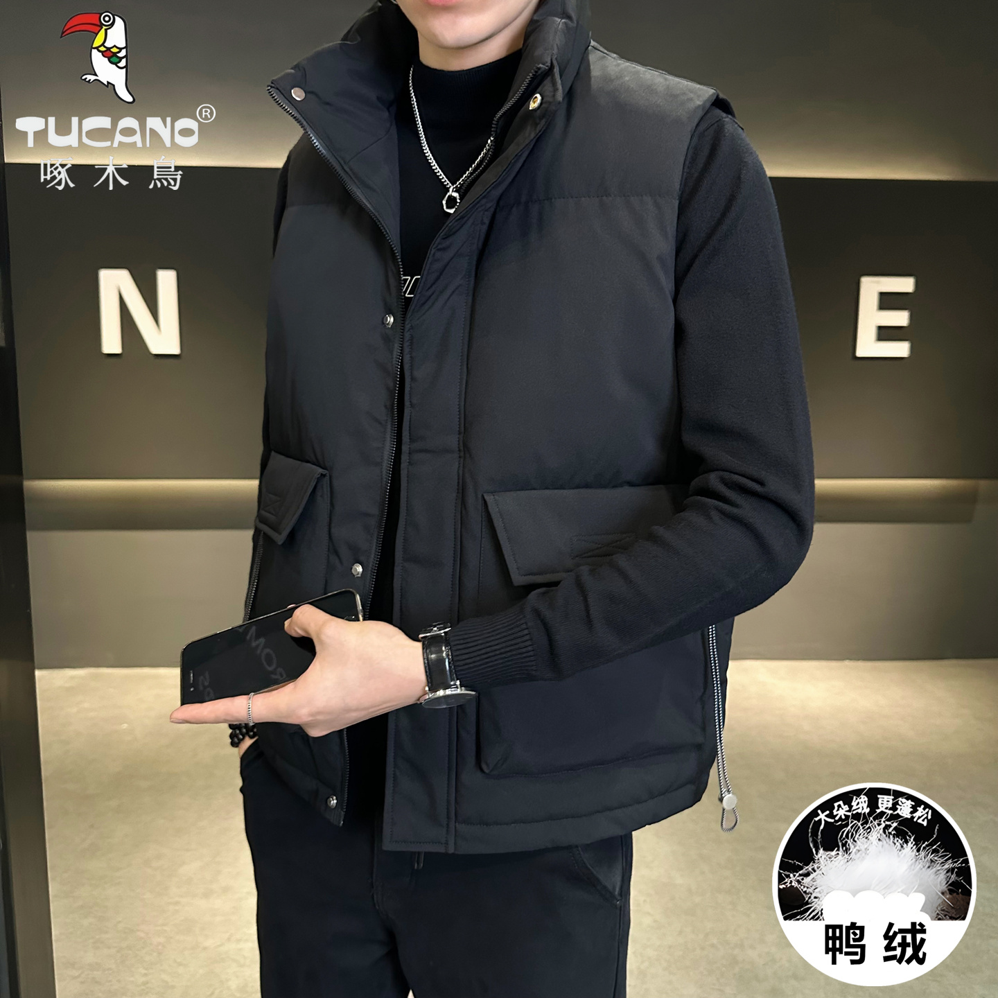 啄木鸟立领青少年短款羽绒服马甲外套男装2025冬季新款坎肩厚外套