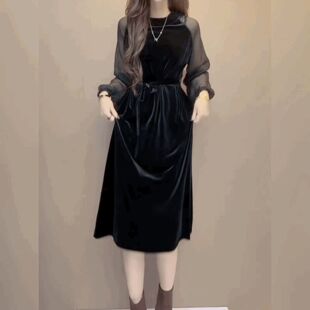 圆领长款过膝丝绒连衣裙女灯笼袖雪纺拼接小黑裙赫本风金丝绒长裙
