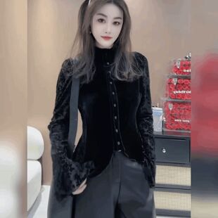 法式立领黑色上衣喇叭袖修身打底衫轻奢蕾丝植绒拼丝绒T恤衬衫女