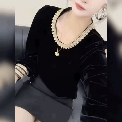 复古丝绒打底衫女圆领修身T恤