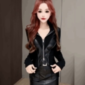 百搭拼PU皮长袖 T恤女复古修身 设计感双拉链上衣修身 时尚 打底衫 潮