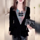 新中式 收腰显瘦复古V领黑色上衣潮 女气质小衫 国风长袖 丝绒T恤衬衫
