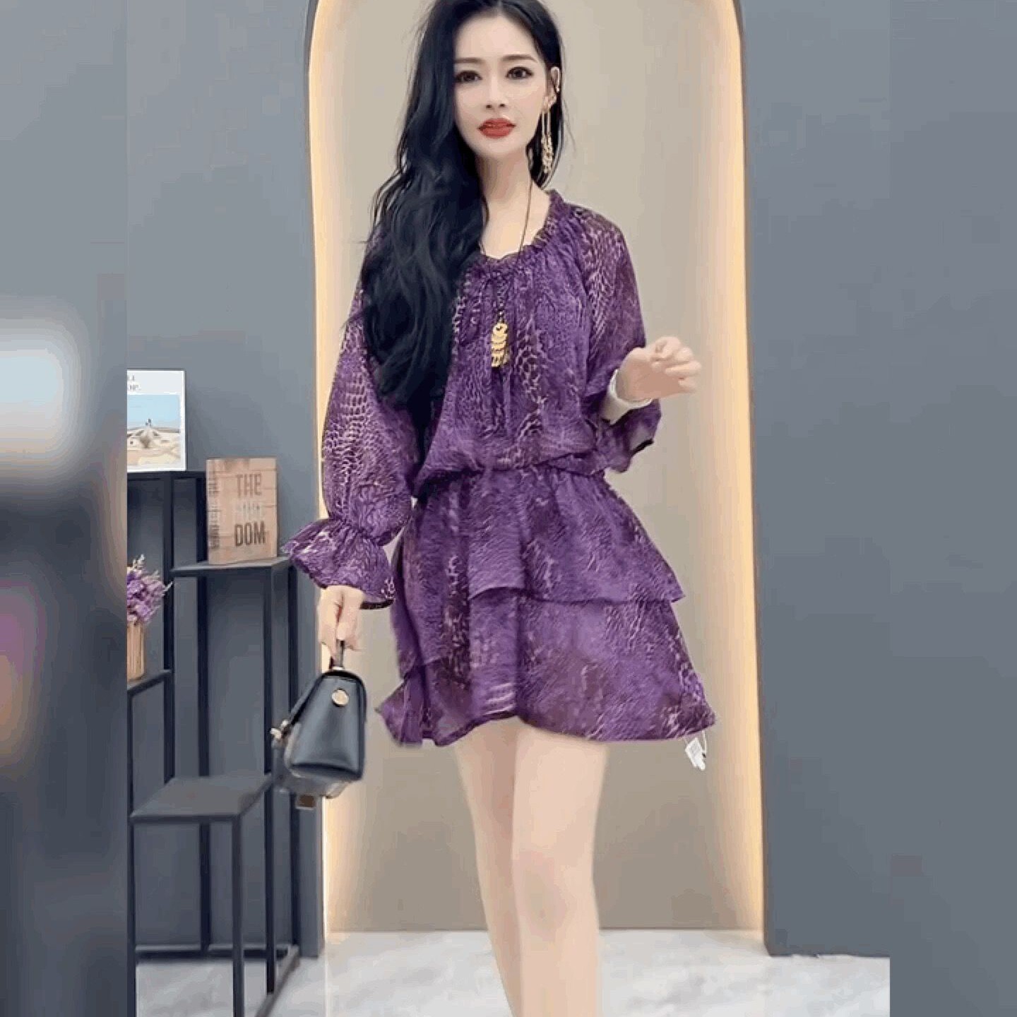 法式高级感复古碎花雪纺裙女收腰紫色连衣裙女荷叶边中长款A字裙