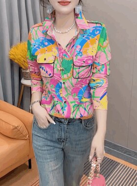 春秋欧货彩色印花衬衫女