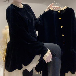 中长款金丝绒黑色宽松上衣女慵懒风大衫裙雪纺荷叶边圆领遮臀上衣