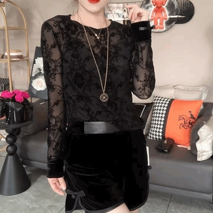 蕾丝植绒修身长袖丝绒T恤衫女网纱时尚打底衫百搭圆领黑色上衣潮