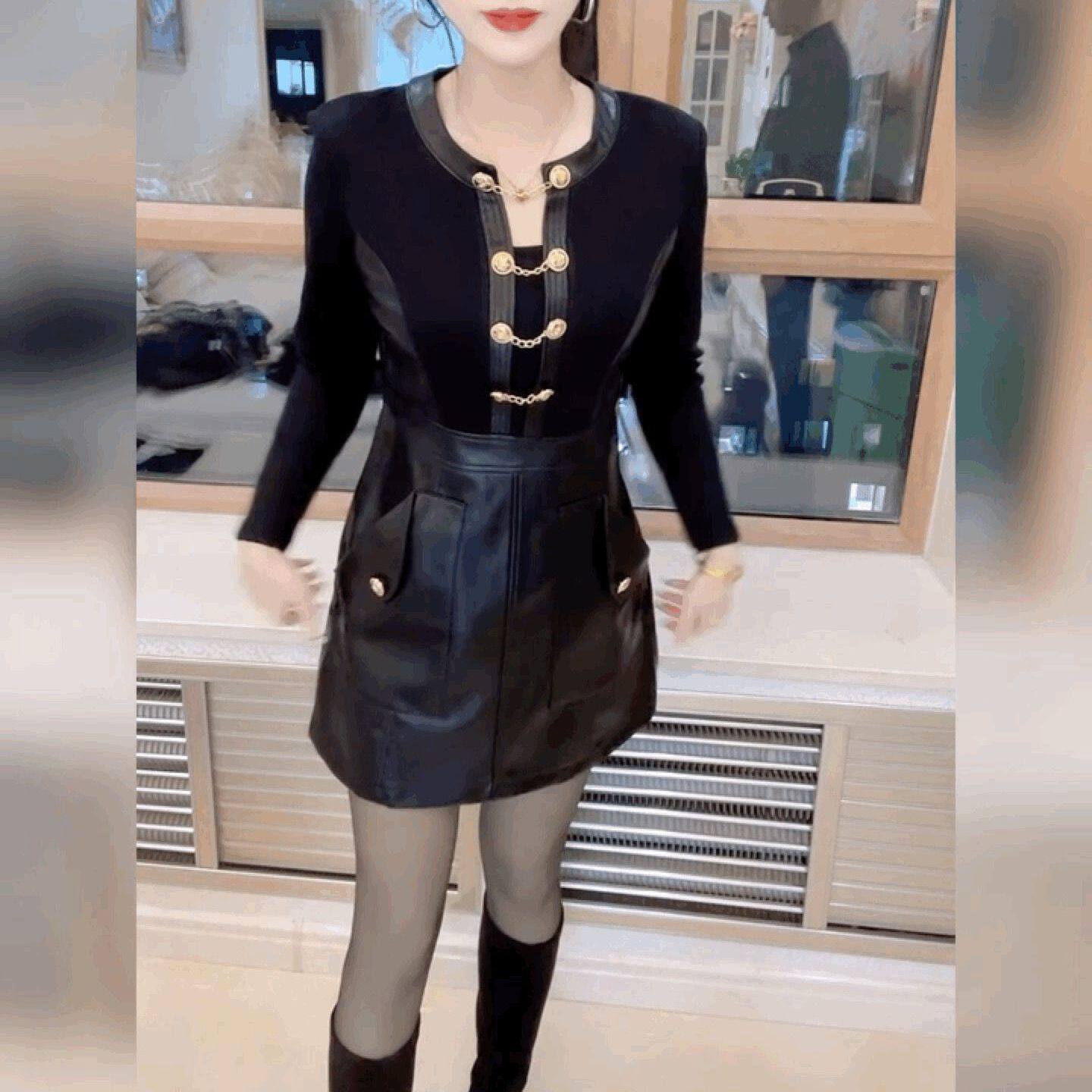 韩版时尚内搭连衣裙黑色气质百搭短裙PU皮拼接圆领设计感连衣裙女,女装/女士精品,连衣裙,淘宝优惠券,粉丝福利购,淘宝优惠卷