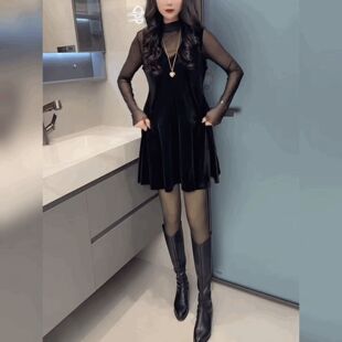 法式高级感时尚连衣裙套装女马甲丝绒A字裙裙网纱T恤打底衫两件套
