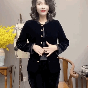 金扣丝绒小香风衬衫外套女欧货洋气法式气质时尚立领黑色丝绒上衣