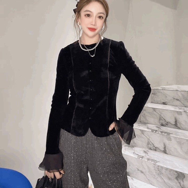 法式名媛小香风金丝绒衬衫女喇叭袖T恤打底衫潮黑色丝绒圆领上衣,女装/女士精品,衬衫,淘宝优惠券,粉丝福利购,淘宝优惠卷