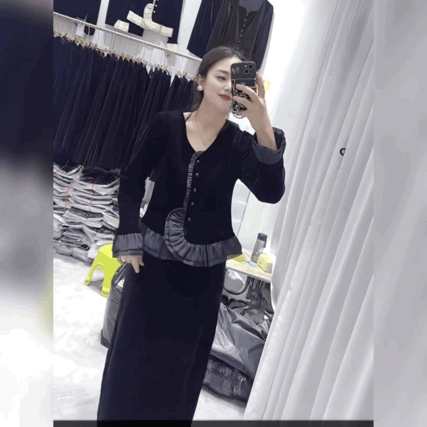 轻奢小香风打底衫丝绒拼雪纺荷叶边T恤衬衫女法式黑色喇叭袖上衣