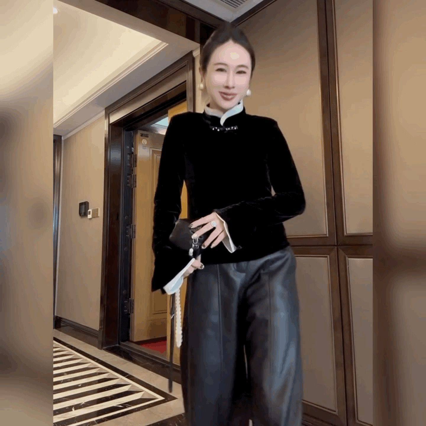 国风唐装黑色修身上衣新中式立领盘扣打底衫喇叭袖镂空丝绒T恤女,女装/女士精品,衬衫,淘宝优惠券,粉丝福利购,淘宝优惠卷