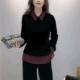 气质打底衫 女假两件黑色翻领金丝绒上衣长袖 丝绒拼雪纺衬衫 法式