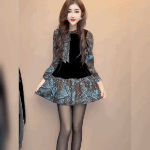 打底小衫 遮臀宽松上衣法式 女高级感中长款 系带丝绒拼碎花雪纺衬衫