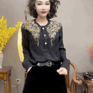 黑色雪纺镶钻打底衫气质复古百搭钉珠衬衫设计感时尚女装圆领上衣