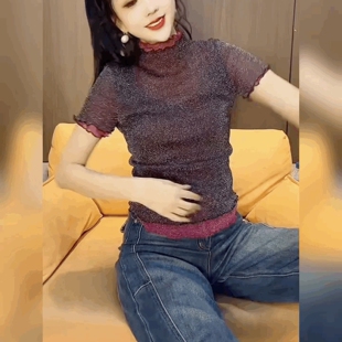 网纱半高领长袖打底衫女修身法式黑色上衣时尚弹力双层蕾丝T恤衫