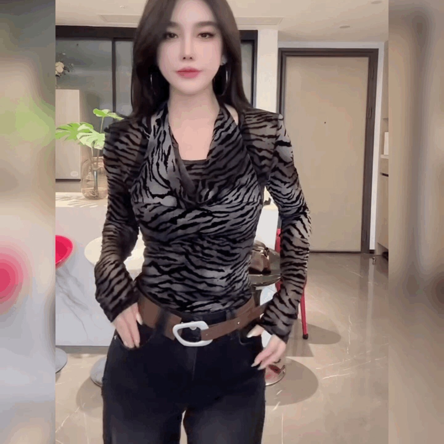 高级感设计蕾丝条纹上衣时尚百搭假两件打底衫豹纹堆堆领长袖T恤