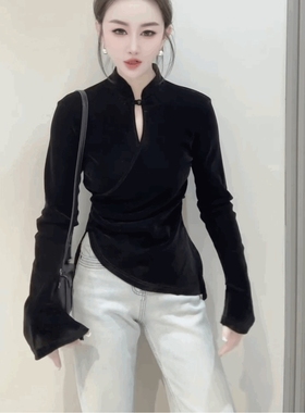气质立领打底衫潮丝绒水滴领斜襟百搭T恤新中式盘扣复古黑色上衣