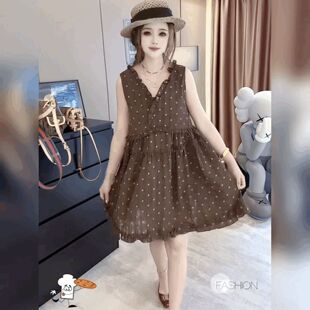 设计感A字V领背心裙波点无袖雪纺连衣裙女洋气时尚宽松荷叶边短裙