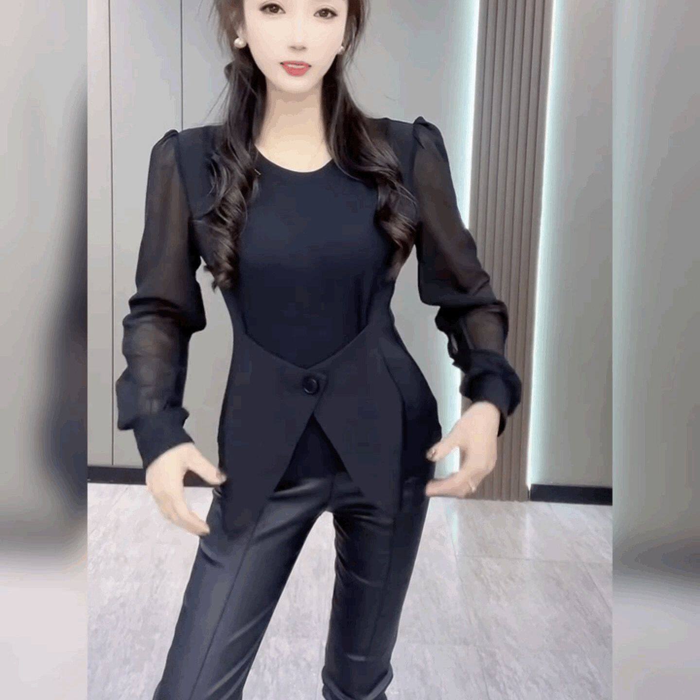 圆领黑色法式上衣西装马甲假两件打底衫灯笼长袖时尚T恤小衫女装