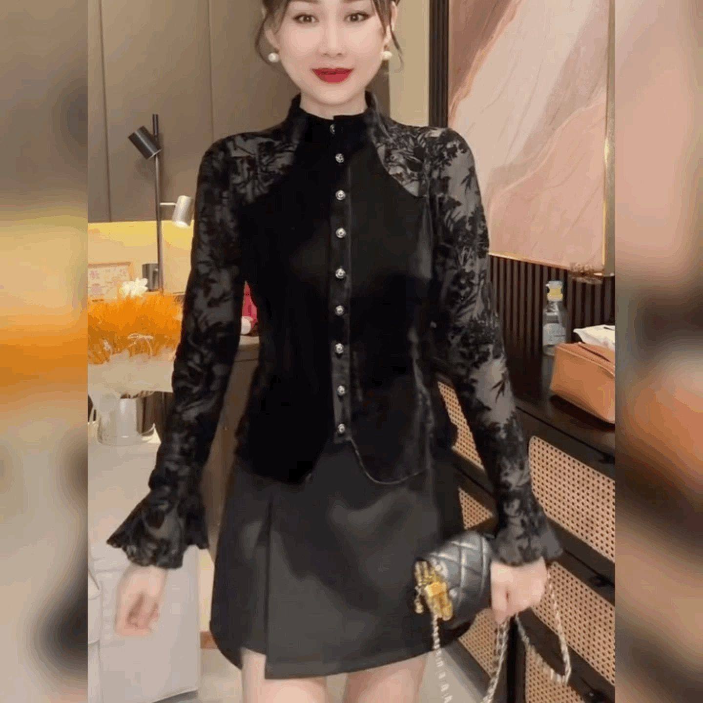 蕾丝植绒拼丝绒T恤衬衫女法式立领黑色修身上衣喇叭袖收腰打底衫,女装/女士精品,衬衫,淘宝优惠券,粉丝福利购,淘宝优惠卷