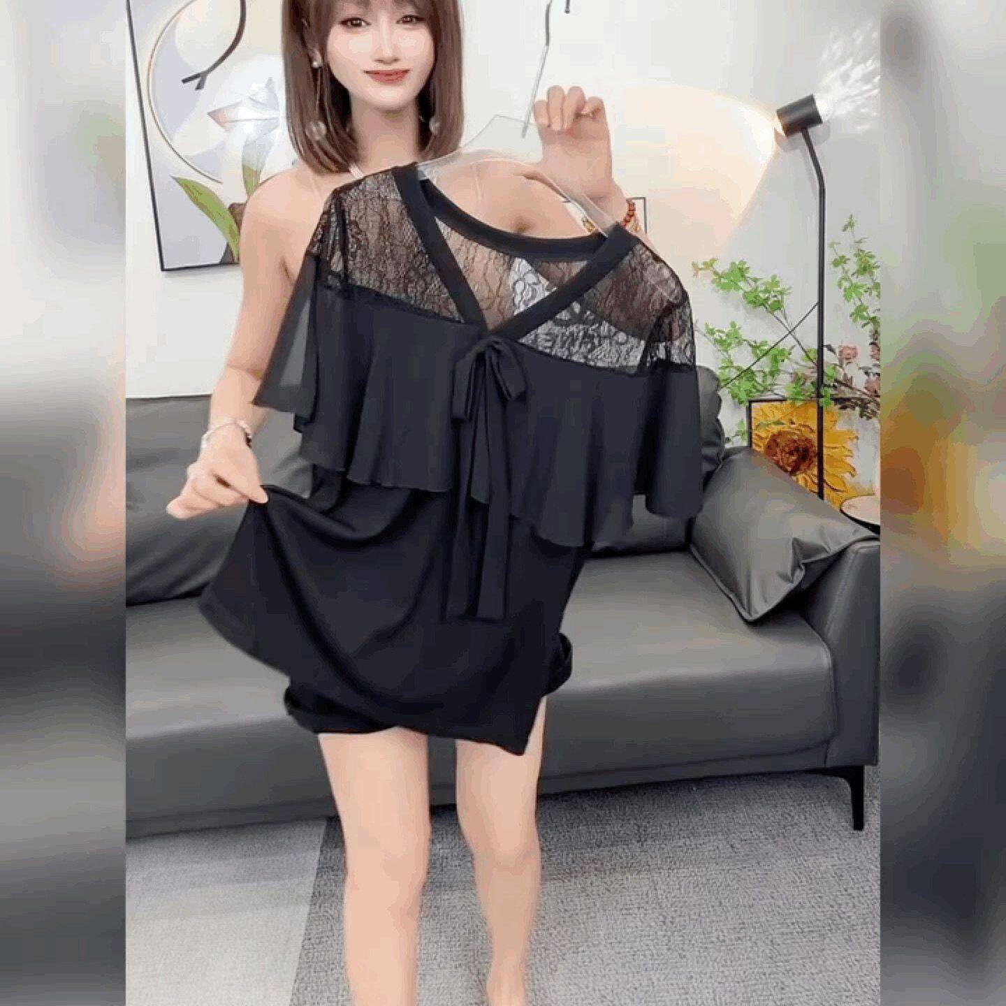 黑色蕾丝拼接法式上衣女v领荷叶边雪纺斗篷打底衫短袖时尚修身t恤