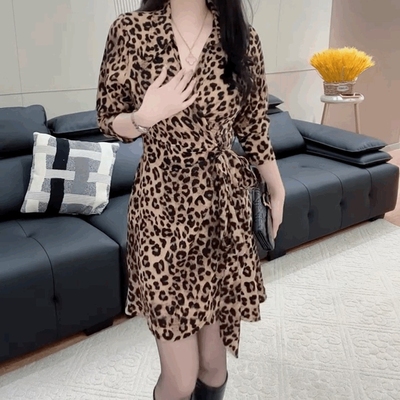 气质御姐范雪纺豹纹连衣裙女