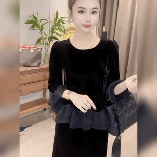 设计感时尚金丝绒拼雪纺小衫黑色法式上衣丝绒小香风T恤打底衫女