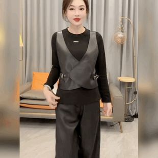 T恤女假两件打底衫 上衣pu皮背心拼接长袖 设计感黑色圆领法式 修身