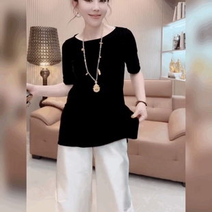 时尚黑色丝绒短袖T恤衫女半袖法式圆领上衣女简约修身显瘦打底衫