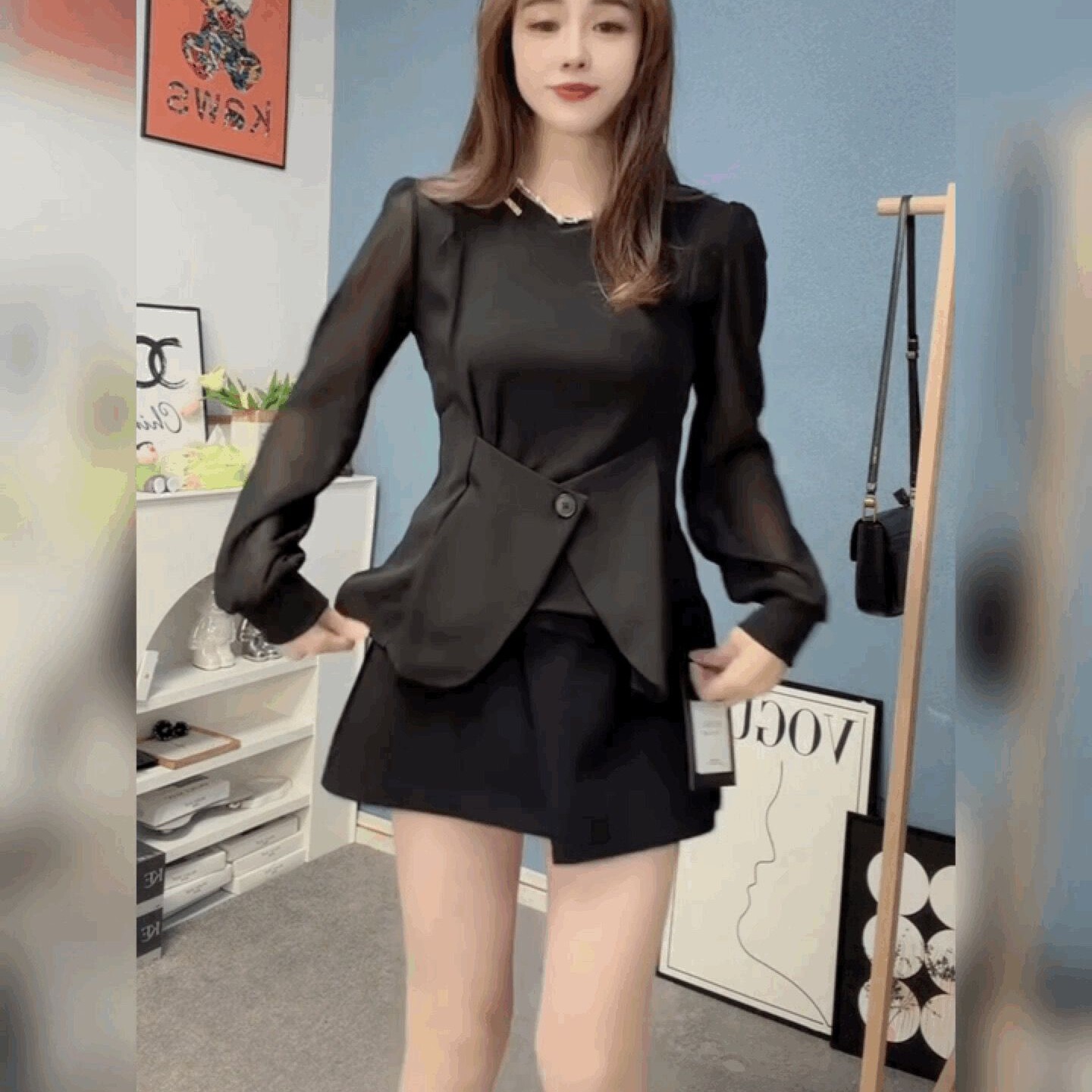 灯笼长袖T恤小衫女圆领黑色法式上衣西装扣修身马甲假两件打底衫