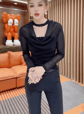 蕾丝网纱设计感堆堆领长袖T恤