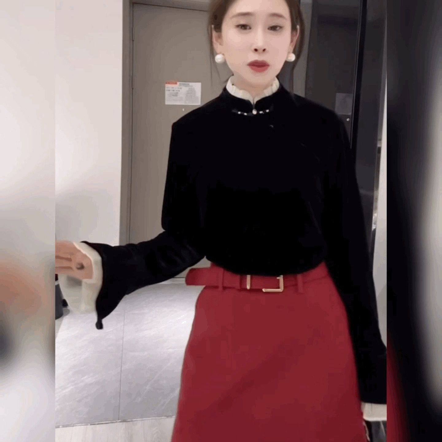 新中式盘扣雪纺拼接丝绒T恤衬衫女喇叭袖打底衫法式黑色唐装上衣