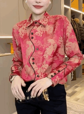 醋酸雪纺红色翻领衬衫女法式衬衫网红长袖OL上衣气质高级感衬衣潮